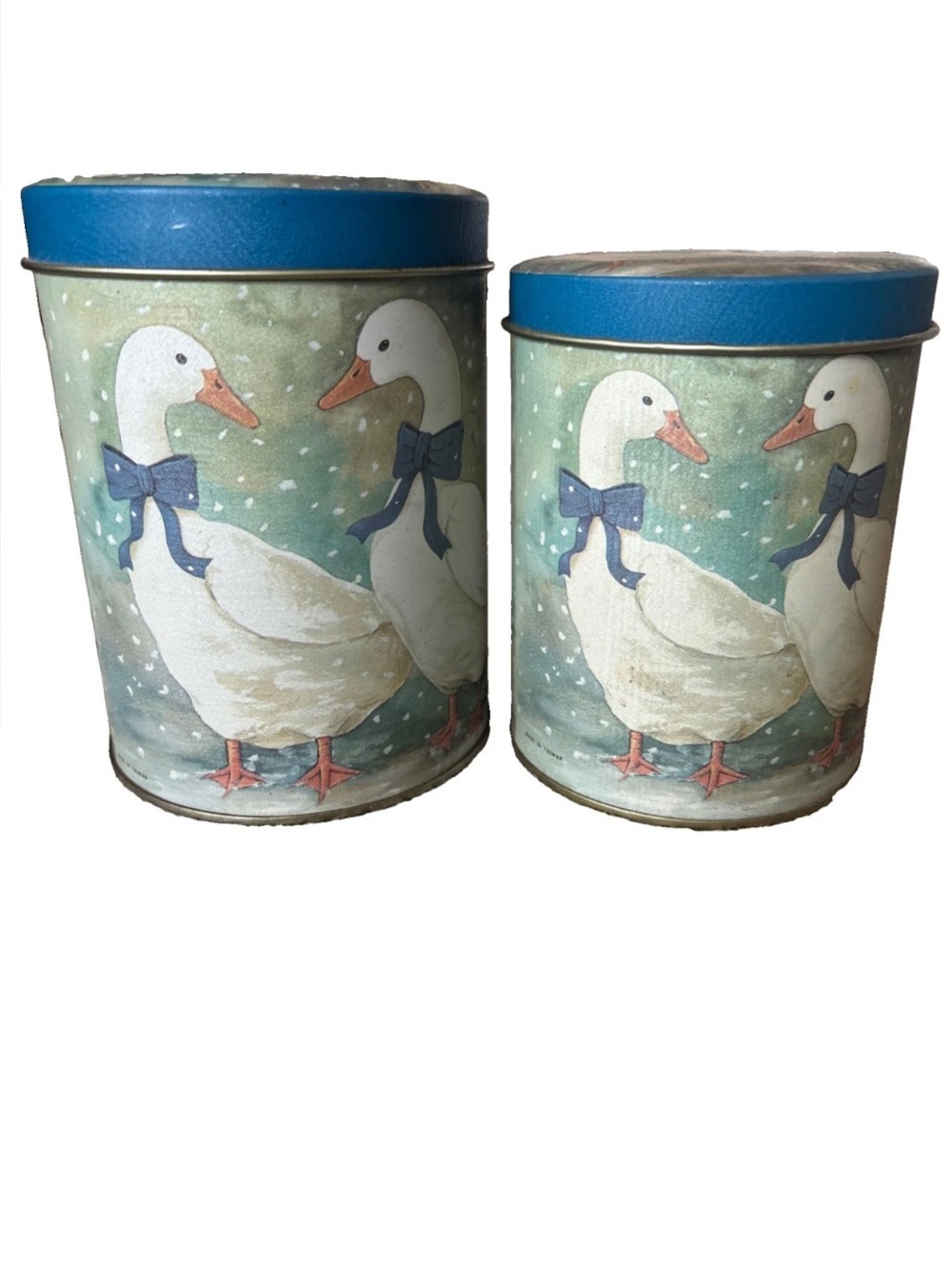 Vintage 1980s Country Geese Nesting Tin Canisters Lids Set of 2 Blue Ribbon Bows